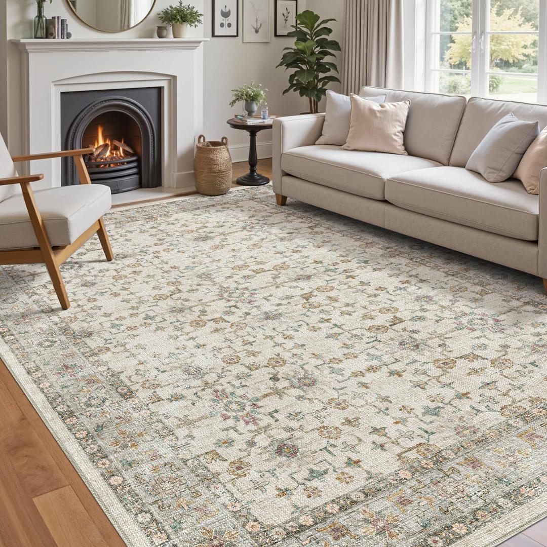 DEXI Area Rugs for Living Room, 8x10 Washable Low Pile Vintage Rug for Bedroom, Non Slip Indoor Carpet for Dining Office Nursery, Beige Cream