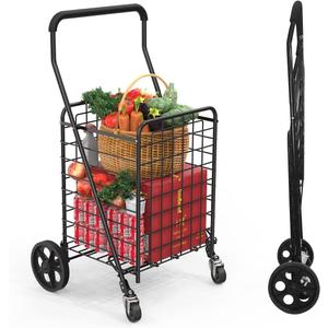Grocery Shopping Cart with 360 Rolling Swivel Wheels Utility Cart Easily Collapsible Cart 66lb Extended Foam Cover, Trolley for Laundry,Groceries,Travel Black (Medium)