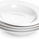 DOWAN Soup and Pasta Bowls Set of 4, White Porcelain Wide Rim Salad Plates, 20 Ounces, Microwave & Dishwasher Safe (9.5")