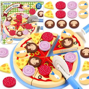 Wooden Pizza Play Food Set - 24 Pcs Cutting Toys, Pretend Play Kitchen Accessories for 3-5 Year Old Toddlers Boys & Girls