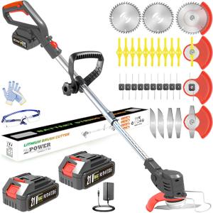 Weed Wacker Cordless, 21V Electric Weed Eater Battery Powered with 2X 2.0Ah Batteries and Charger, 5 Types 26Pcs Blade, 3-in-1 Stringless Grass Trimmer Lawn Edger Brush Cutter for Garden Yard
