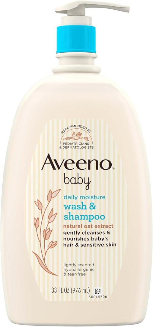 Aveeno Baby Daily Moisture Body Wash & Shampoo with Oat Extract, Hypoallergenic, TearFree, No Added Parabens, pHBalanced Formula For Sensitive Hair & Skin, Baby Essentials, 33 fl oz