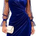 IHOT 2025 Women's Sexy V Neck Long Sheer Sleeve Velvet Faux Wrap Ruched Sheath Bodycon Cocktail Party Dress (Royal Blue, XL)