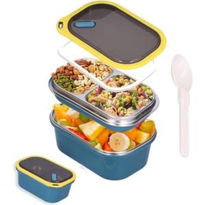 Niiyen Lunch Box 1200ml 2 Layers Food Lunch Containers with Spoon Portable Adult Bento Lunch Box Food Storage Bowl for School Office Outdoor Travel (Blue)