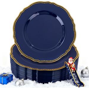 Hioasis 60pcs Blue Plastic Plates - Blue and Gold Disposable Dinnerware with Gold Rim, Heavy-duty, 7.5 inch, Dessert Plates for Party & Christmas