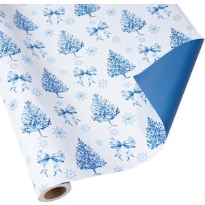 BIOBROWN Reversible Christmas Wrapping Paper - 17 Inch X 33 Feet (46.7 sq. ft. ttl.) - Holiday Trees and Bow Design Perfect for Xmas, Party, Holiday Gift Wrap (1 roll (Pack of 1))