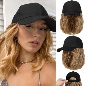 Qlenkay Baseball Cap with Hair Extensions 14inch Wavy Curly Bob Hairstyle Adjustable Wig Hat Attached Synthetic Hairpiece for Woman Ash Blonde Mix Ginger Brown
