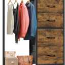 Dresser with Hanging Rack, 4 Drawers Small Closet for Bedroom, Reversible Fabric Kids Chest of Drawers with Clothes Rack, Tall Storage Tower, Sturdy Frame, Rustic Brown, 44''H