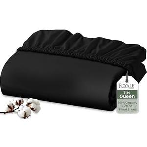 Royale Linens 100% Organic Cotton Fitted Sheet - Percale Weave - Super Soft Deep Pocket Bottom Sheets - Black Elastic Sheet Queen Size - Queen Fitted Sheets Only - (60"x80"+15", Black)
