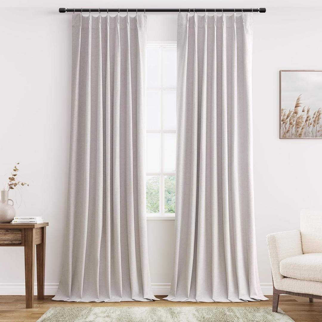 Champagne Linen Blackout Curtains 108 Inch Length 2 Panels Set for Living Room Bedroom, Pinch Pleated Thermal Insulated 100% Black Out Curtains with Hooks, Room Darkening Back Tab Drapes