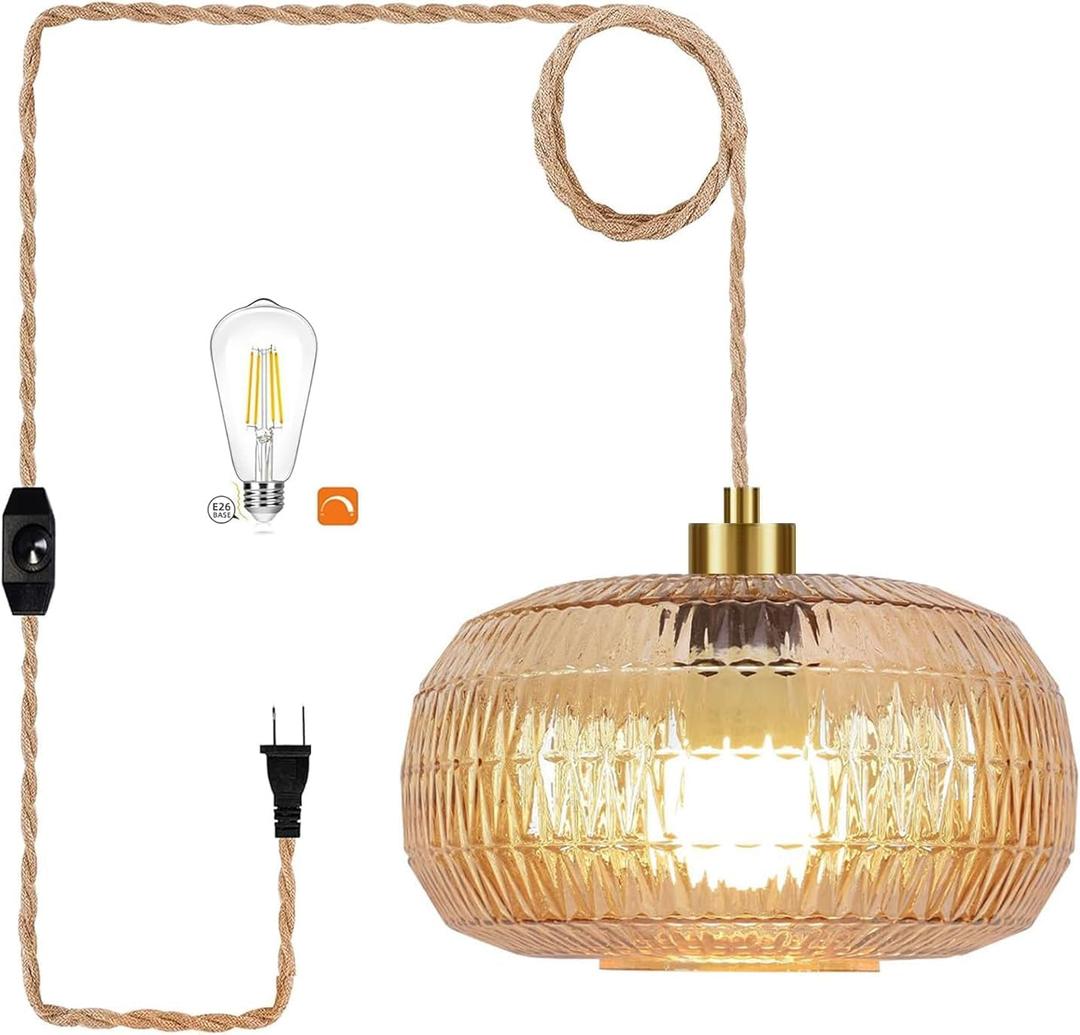 QIYIZM Plug in Pendant Light Hanging Lights with in Cord Mid Century Modern Gold Hanging Lamp Flower Glass Amber Vintage Dimmable Chandelier Ceiling Fixture for Living Room,Kitchen,Boho
