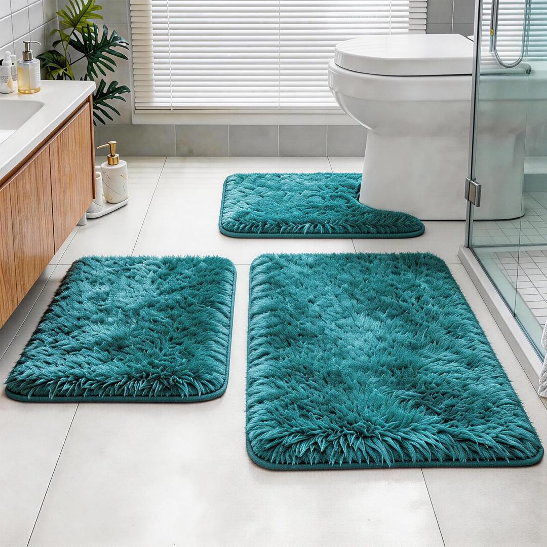Shaggy Bathroom Rugs Set Plush Velvet Bath Rugs Non-Slip Bath Mat Set 3 Piece,Washable Mats,Absorbent Shaggy Rugs Super Soft U-Shaped Toilet Rug,Bahroom Carpets for Bathroom,Tub,Shower(Teal Blue