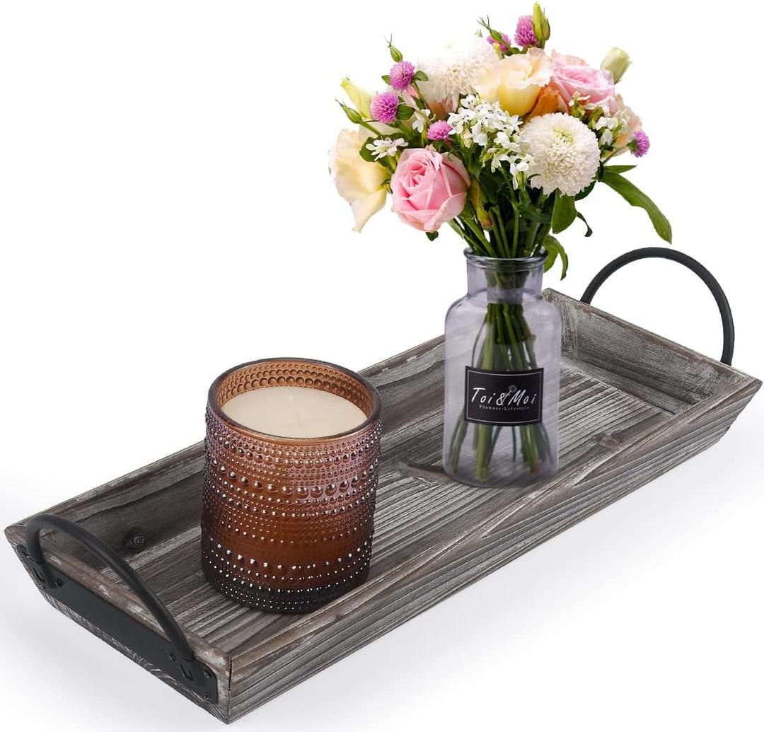 Wooden Tray Candle Holder with Black Metal Handles, Rectangular Centerpiece for Dining Table. Home Decor Accessories for Coffee Table, Kitchen Counter, Fireplace or Farmhouse.