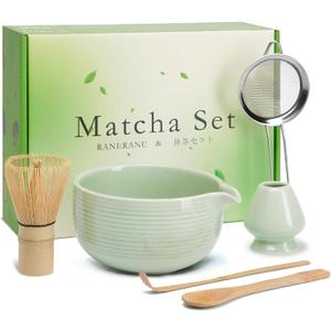 Matcha Whisk Set, Line Cyan Ceramic Matcha Set Includes Matcha Bowl, Matcha Whisk (Chasen) and Holder, Sifter, Bamboo Scoop & Spoon - 6 Pcs Matcha Kit for Matcha Lovers