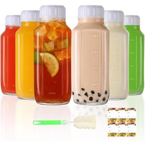 AuroTrends 16 oz Glass Bottles with Lids 6Pack, 480ml Glass Juicing Bottles for Juicing, Water, Kombucha - Portable Breastmilk Storage Bottle(16fl.oz, Set of 6)