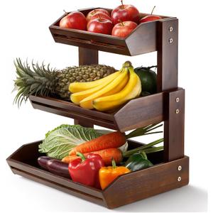 HOLANA Acacia 3 Tier Fruit Basket for Counter  Wooden Fruit Bowl for Kitchen Counter Organizer, Vegetable & Produce Storage, Wooden Basket & Snack Organizer for Countertop Storage (Walnut)