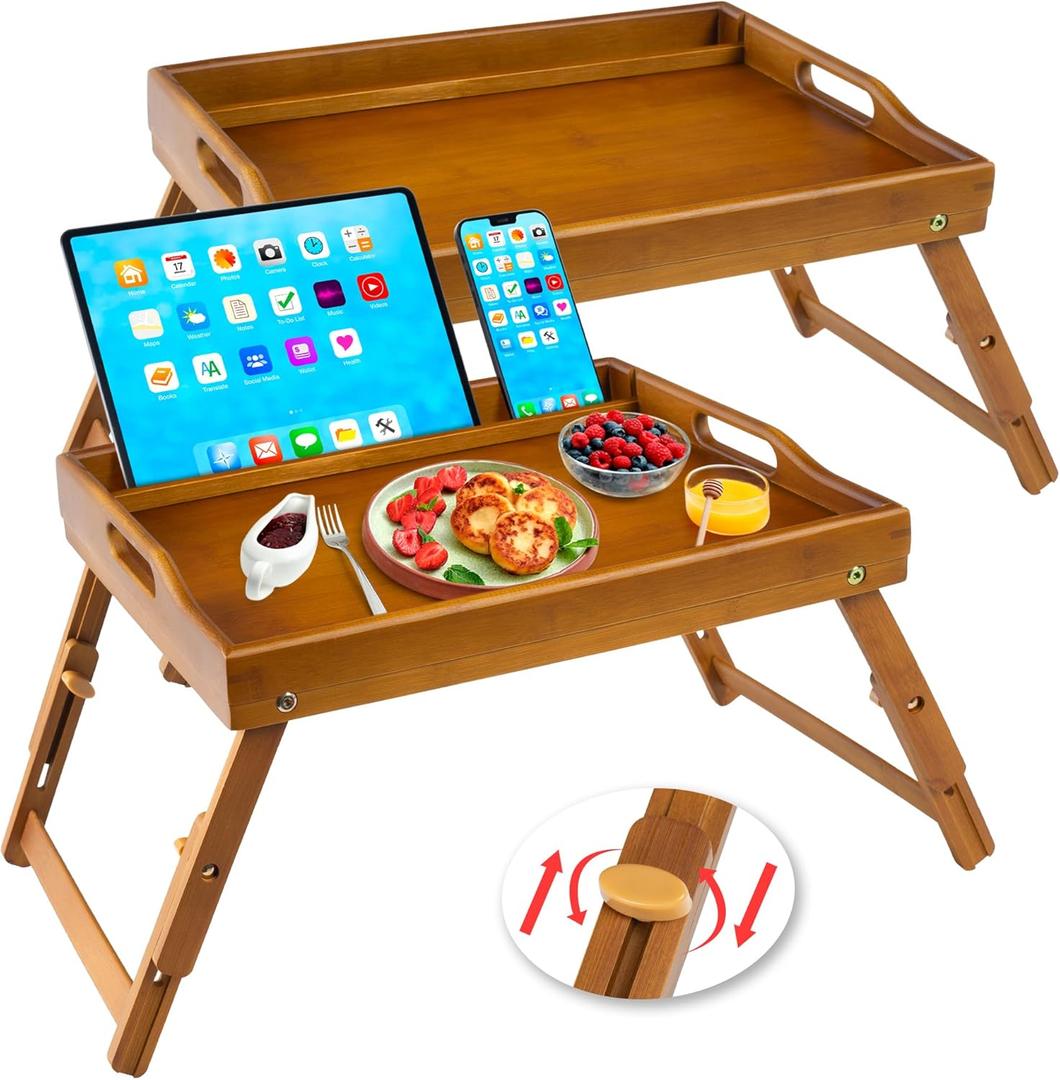 Greenual 2 Pack Bed Tray Table with Handles Folding Legs, Bamboo Breakfast Food Tray with Media Slot, Use As Platter, Laptop Desk, Snack, TV Tray Kitchen Serving Tray(Brown)