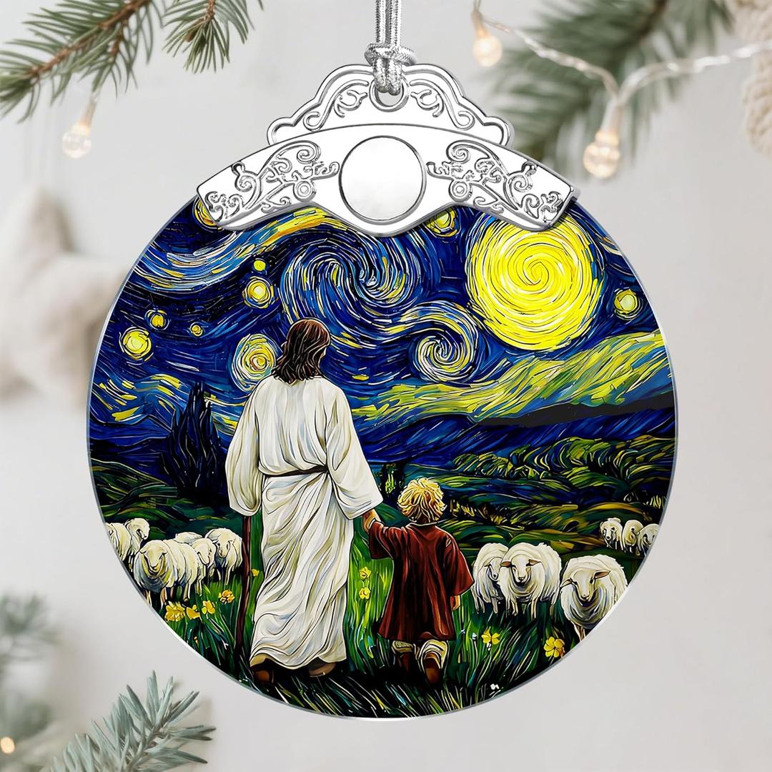 Jesus & Child Starry Night Stained Glass Ornament  Religious Christmas Ornament, Christian Christmas Decoration, Religious Gifts for Her or Him, Gifts for Christians, Friends or Loved Ones