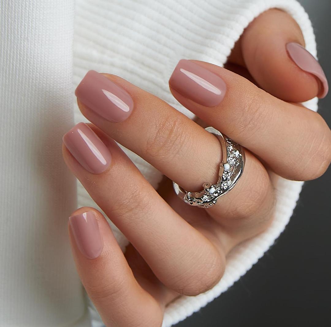 CurvLife Press On Nails Short Square Nude Pink, Glossy Soft Gel Fake Nails, Reusable Salon Look Manicure for Women Teens Beginners, 30pcs, Daily Wear Work Party, Date Night Romantic (Medium)