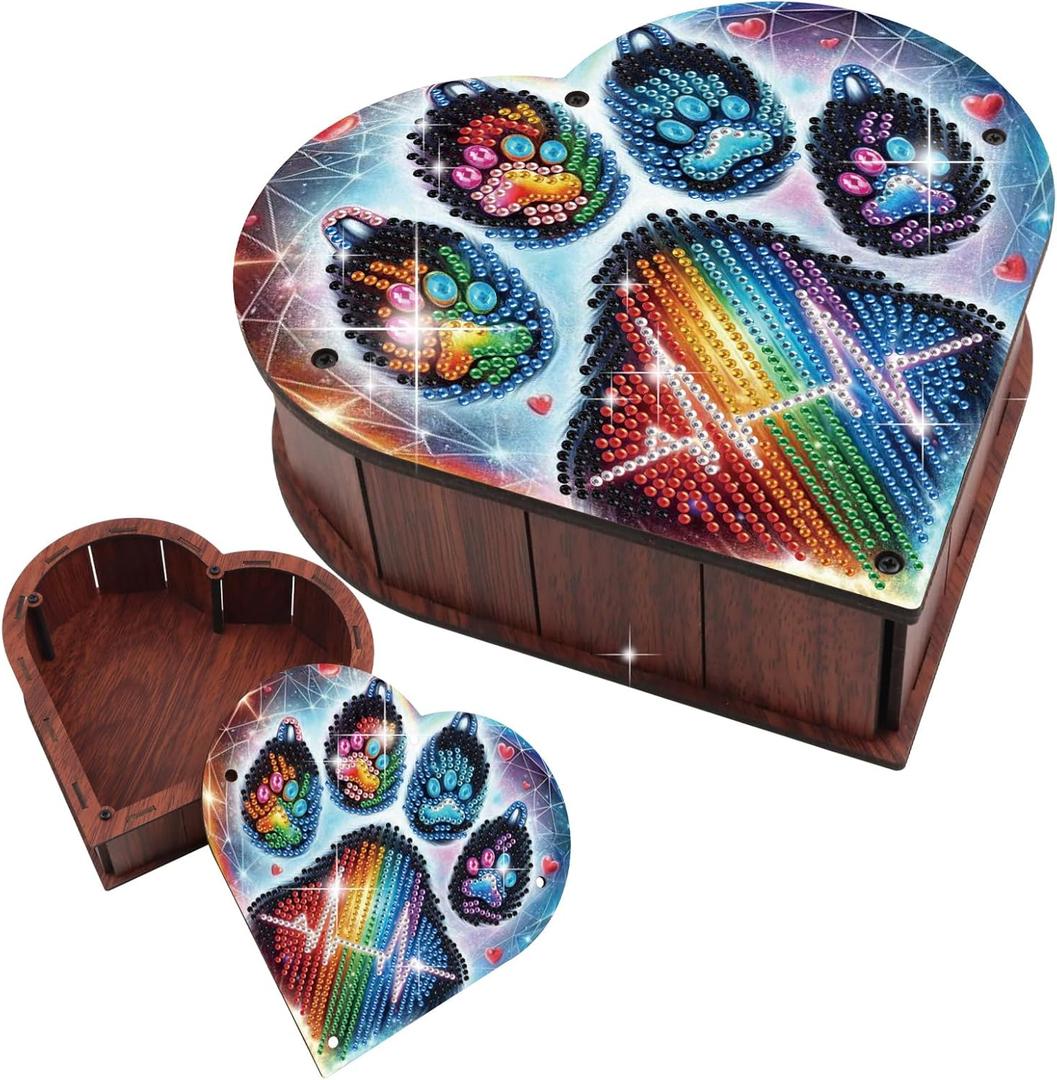 DIY Diamond Painting Storage Box Kit, Heart-Shaped Wooden Special Shaped Diamond Art Organizer for Small Accessories or Jewelry, Decorative Gift Case for Desktop Display (Rainbow Paw)