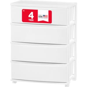 IRIS USA Plastic Drawer Storage Organizer, 4-Drawers, for Classroom Art Supplies Bathroom Dorm Bedroom Laundry Room, Wide, White Frame with Matte White Front Panels