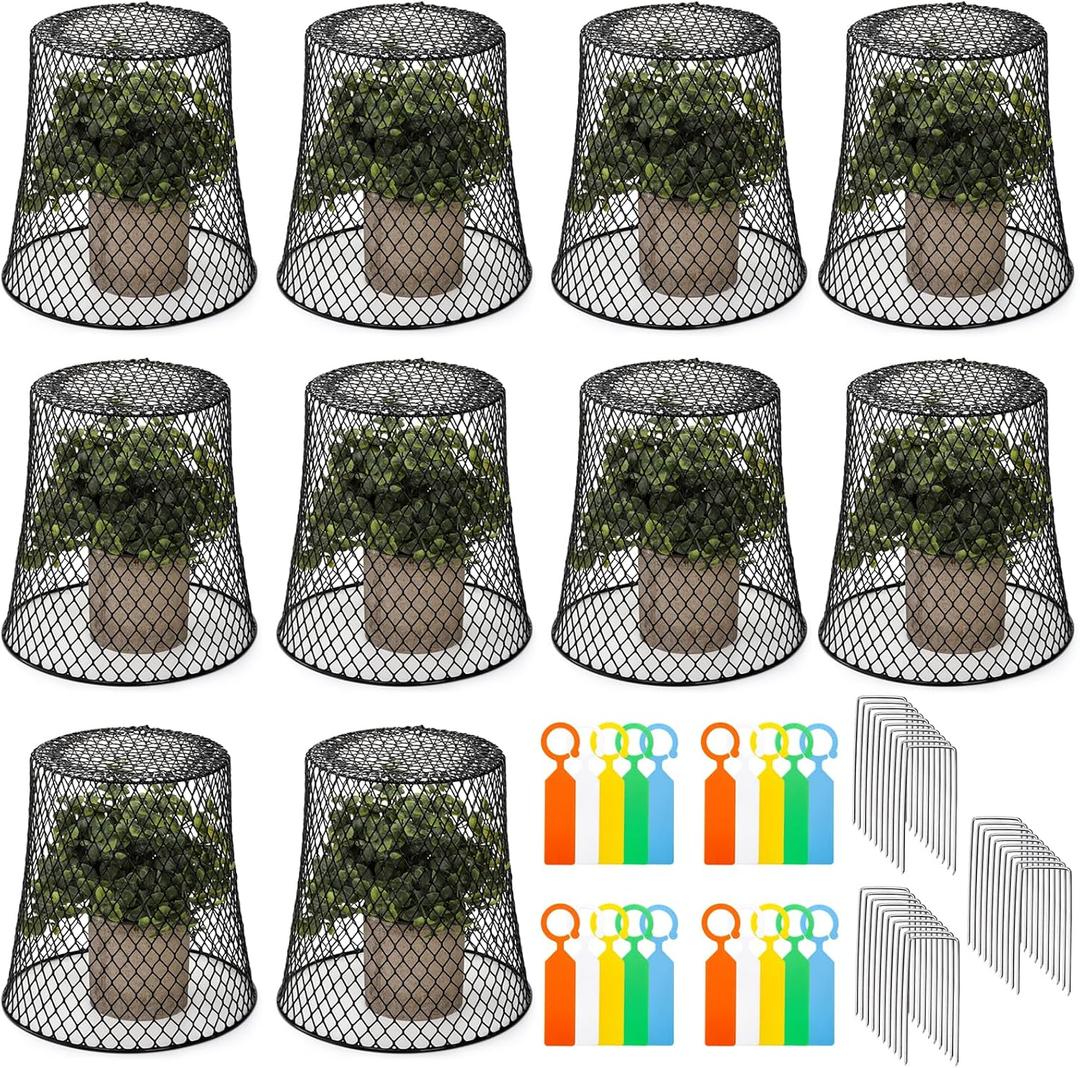 SOUJOY 10 Pcs Chicken Wire Plant Covers, 8 x 8 Inches Metal Garden Cloche with 30 Garden Stakes and 20 Waterproof Labels, Plant Protectors from Animals for Keeping Bunnies Chicken Squirrels Birds Out