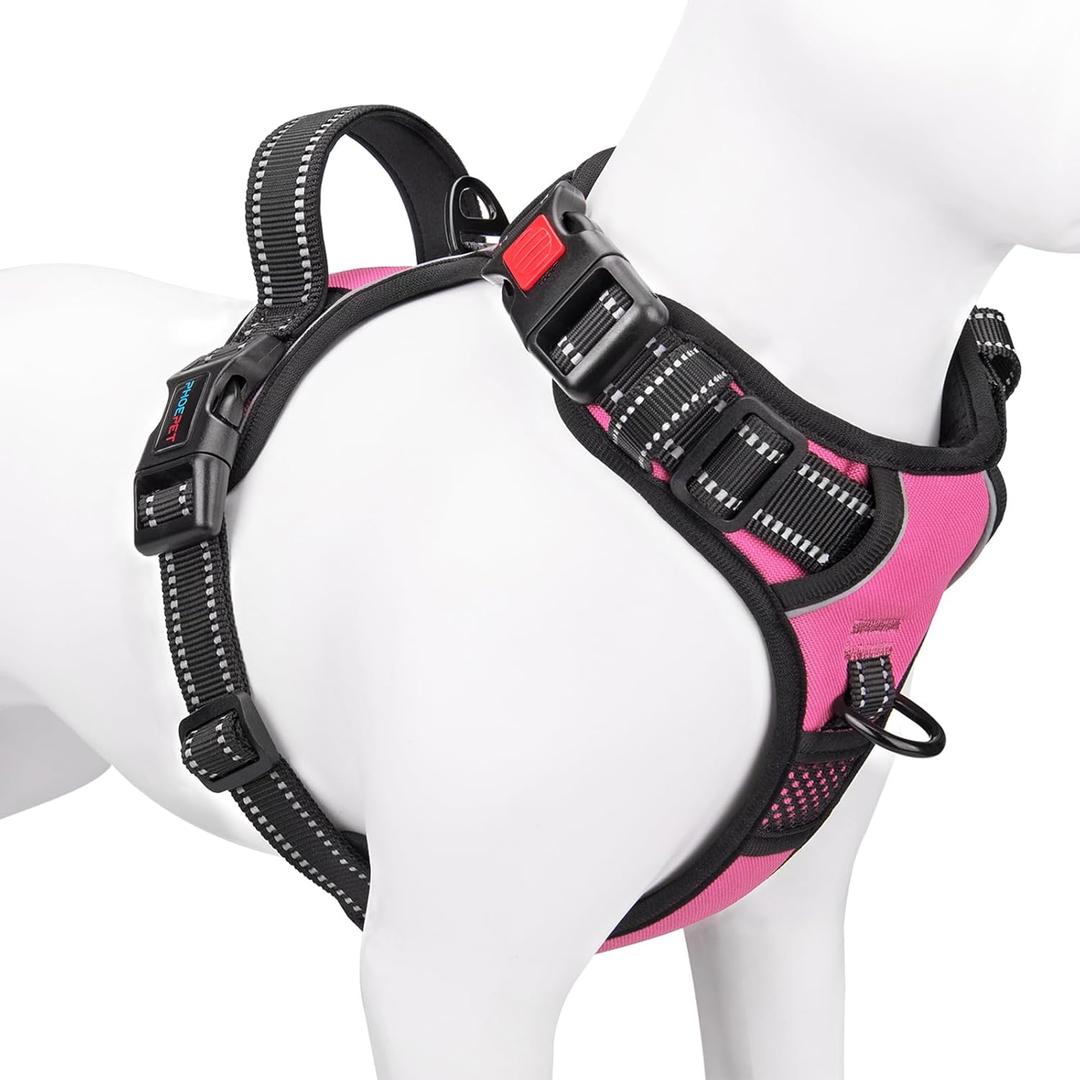 PHOEPET No Pull Reflective Dog Harness with Handle, 2 Adjustable Metal Rings and 3 Buckles, Easy to Put On and Off (Small, Pink)