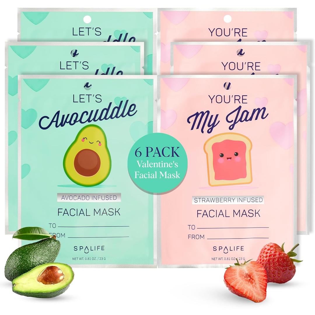 SpaLife Lets Avocuddle & You're My Jam Valentines Face Masks Bundle | Avocado and Strawberry Extract Infused Sheet Mask Sets for Hydration and Glow | Perfect Valentines Day Skincare Gift Set.