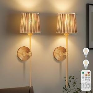 Wireless Wall Sconces Set of 2 for Bedroom Living Room, Battery Operated Wall Lights/Lamps Rechargeable Easy to Install, LED Wall Decor for Nightstand Entryway, Included LED Bulbs