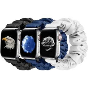 Tiptops 3 Packs Compatible with Apple Watch Bands Scrunchies 38mm-49mm Women Cloth Pattern Printed Fabric Wristbands Straps Elastic for iWatch Ultra 2 Series 10/9/8/7/6/5/4/3/2/1/SE (Black+darkblue+white)
