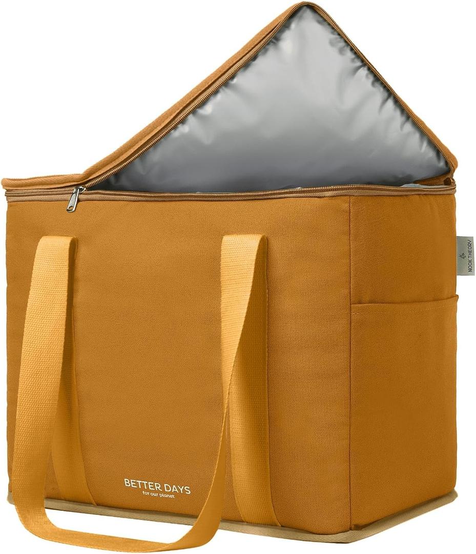 Reusable Insulated Grocery Bag - Canvas, Leak Proof, X Large Cooler Bag, Insulated Shopping Bags for Groceries, Travel Cooler Bag for Frozen and Hot Food with Zippered Top (Caramel)