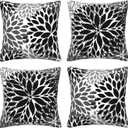 Black White Pillow Covers 18x18 Inch Set of 4 Black Gray Dahlia Flower Throw Pillows Cases Modern Geometric Floral Square Cushion Cover for Sofa Couch Bed Living Room Decor Pillowcases
