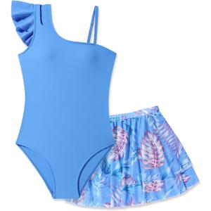 Girls Swimsuit One Piece Swimwear Top with Tropical Print Cover Up Skirt Girls Bathing Suit 7-16 Years (9-10 Years, Blue)