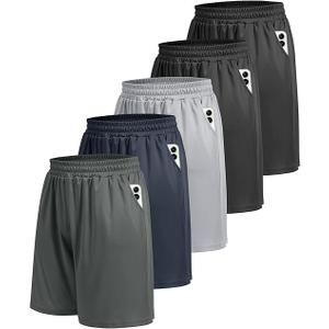 BOOJO 5 Pack Athletic Gym Mens Shorts - Workout Quick Dry Basketball Shorts with Pockets for Running Casual Activewear, Large (Black/Black/Dark Grey/Navy Blue/Light Grey)