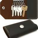 Genuine Leather Key Organizer Wallet  Compact Key Holder Case with 6 Hooks & Cash Pocket, Snap Closure Keychain with Carabiner for Car & Home Keys, Brown