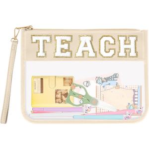 Teacher Appreciation Gifts TEACH Chenille Letter Clear Makeup Bag Pouch, Monogram PVC Clear Zipper Pouch with Wristlet Travel Cosmetic Bag Graduation Retirement Teacher Gifts for Women(TEACH-Beige)