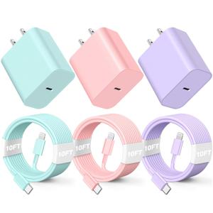 Compatible with iPhone Charger Fast Charging, [3Pack 10FT] 20W PD USB C Wall Charger Block with Type C to Lighting Cable Compatible with iPhone 14/13/12 Pro Max/11/XS/XR/X/8/Plus (PurplePinkGreen)