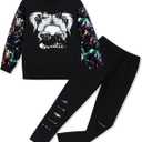 Girls 2 Piece Outfits Teen Girl Cotton Clothes Sweatshirt and Leggings Fall Winter Pullover Sweatsuit Tracksuits (6-7Y, Black)