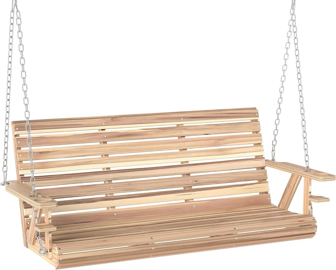 Outsunny Upgraded Wooden Porch Swing 3-Seater, 5 FT Outdoor Patio Swing Bench with Cupholders, Hanging Chains, Swing Chair Bench for Patio Garden Yard, Nature Wood