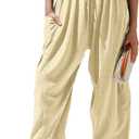 TARSE Womens Linen Wide Leg Striped Pants Casual Barrel Loose Drawstring Low Waist Palazzo Harem Pants with Pockets (Large, Brown White Plaid)