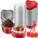 60 Set 3.4 oz Heart Shaped Cake Pans with Lids Spoons for Baking Aluminum Foil Cupcake Cups Disposable Mini Plastic Spoons Heart Containers for Valentine's Day Wedding Birthday Party (Red)