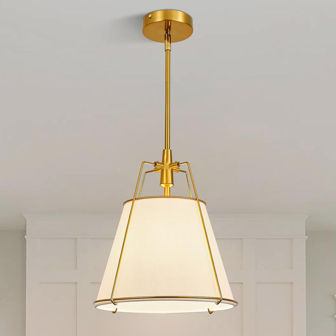 Modern Pendant Light Fixtures with 12" White Linen Fabric Shade, Adjustable Hanging Light Fixture,Drum Gold Vintage Chandelier for Kitchen Island Bedroom Dining Room Foyer Entryway