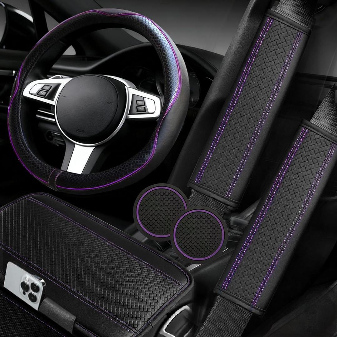 NBTEPEM 6 PCS Car Steering Wheel Cover Set, Microfiber Leather Steering Wheel Covers Universal 14.5-15 inch, Center Console Cover, Seat Belt Cushion, Cup Holder Coaster, Car Accessories Set Purple