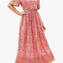 PRETTYGARDEN Women's Casual Summer Boho Floral Print Dress V Neck Short Sleeve High Waist Long Maxi Beach Dresses S