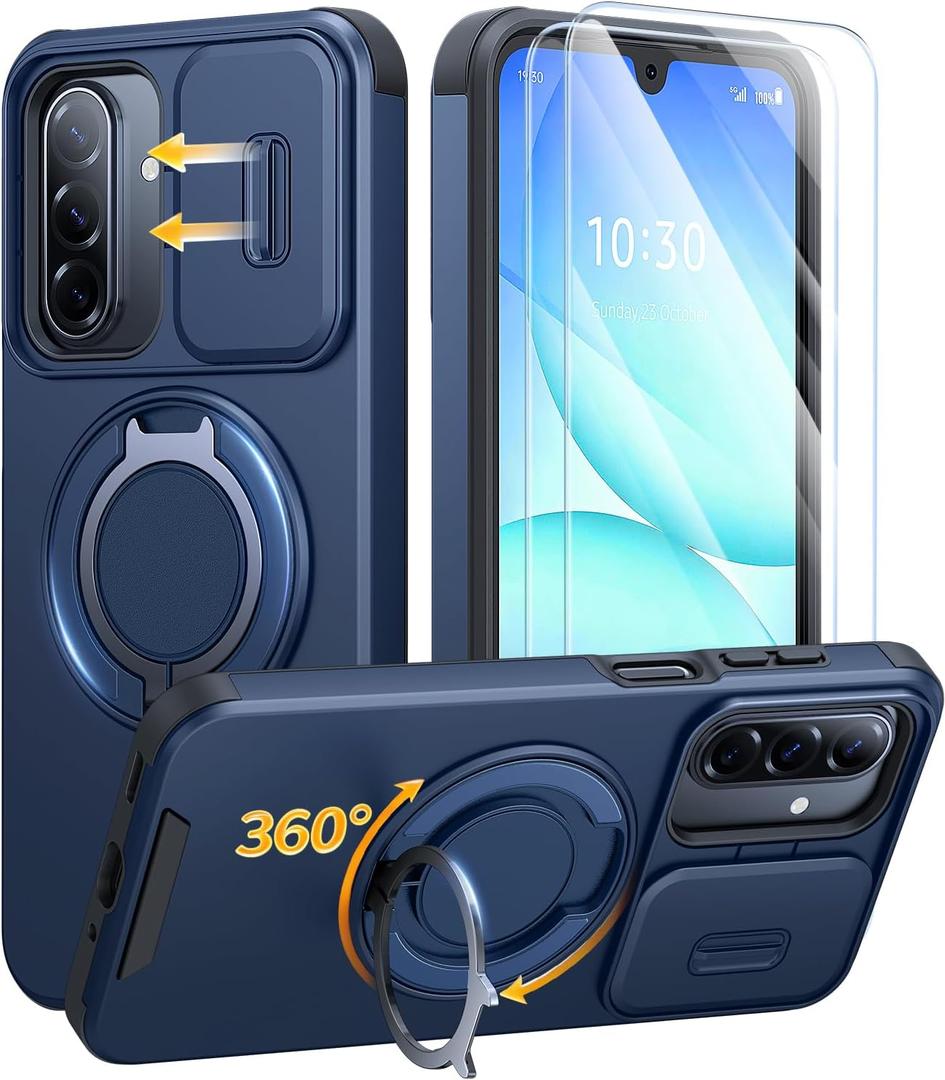JAME for Samsung Galaxy A17/A16 5G Case, Ring Holder Stand, Slide Camera Cover, 2 Pack Screen Protectors, Dual-Layer Shockproof Protective, Magnetic Accessory Friendly Galaxy A16/A17 4G Case, Blue