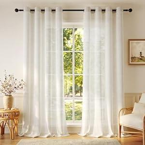 Anmao Flax Linen Curtains for Living Room 102 Inch Length 2 Panels Set, Light Filtering Sheer Window Curtain Drapes for Bedroom with Nickel Grommet, 52 Inch Wide Each Panel, Ivory Color