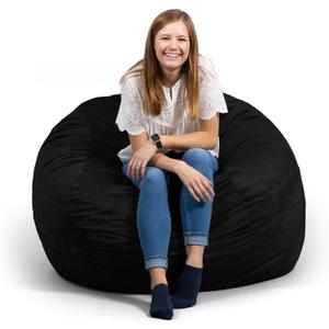 Big Joe Fuf Large Foam Filled Bean Bag Chair with Removable Cover, Black Plush, Soft Polyester, 4 feet Big