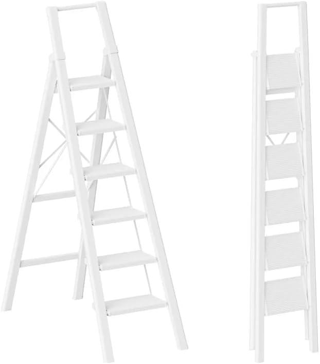 GameGem 6 Step Ladder for 12 Feet High Ceiling, Lightweight Aluminum Folding Step Stool with Convenient Handgrip, Stepladders with Anti-Slip and Wide Pedal for Home Use Space Saving - White