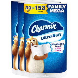 Charmin Ultra Soft Cushiony Touch Toilet Paper, 30 Family Mega = 153 Regular Rolls, 2-Ply, White