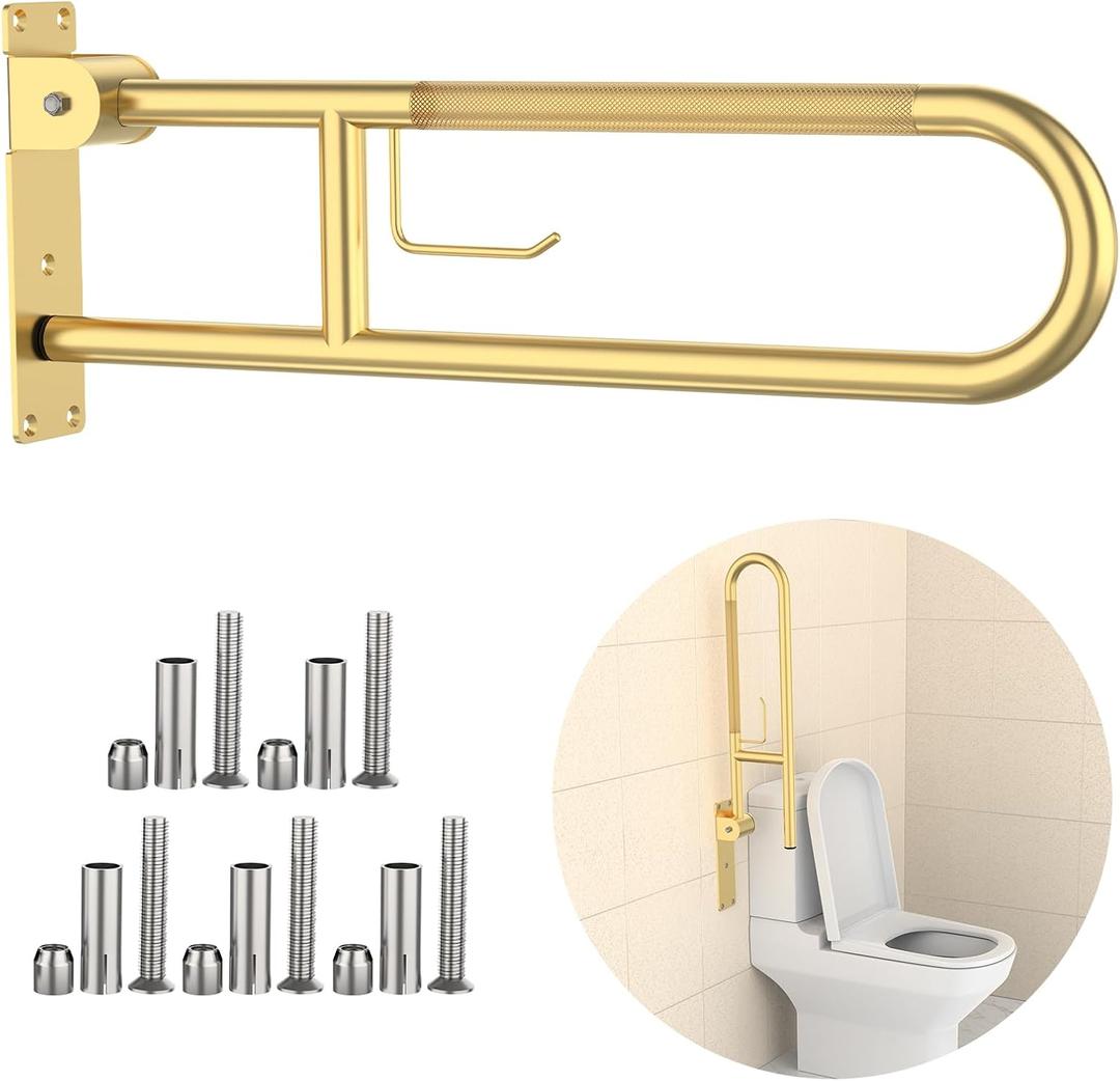 Toilet Grab Bar 32 Inch, YuanDe Flip Up Grab Bar with Paper Holder
Brushed Gold Anti-Slip Safety Bars for Toilet, Stainless Steel Knurled Toilet Handles for Seniors Disabled Elderly Pregnant